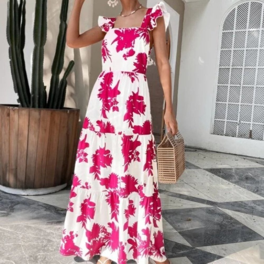pink floral butterfly sleeve ruffle hem tie back dress - Picture 4 of 8